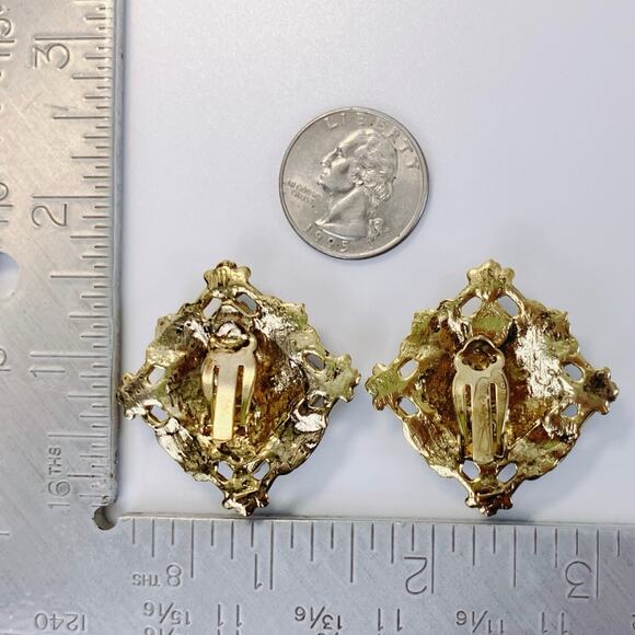 Vintage Cobalt Blue Glass Baroque Gold Tone Clip Earrings 60s 70s Statement - Picture 11 of 14